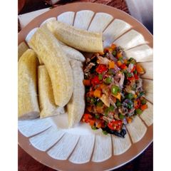 Boiled Plantain and Veggies Sauce With Smoked Fish A picture of Boiled Plantain and Veggies Sauce With Smoked Fish.