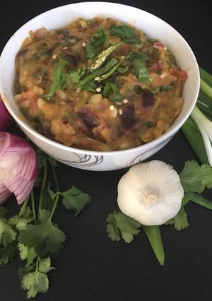 A picture of Potato and flat beans bharta.