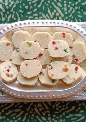A picture of Coconut Tutty Fruity Burfi (No Fire Recipe).