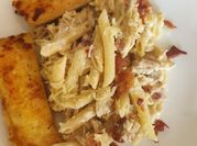 A picture of recipe with shredded chicken and bacon