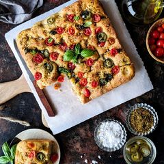 A picture of Tomato and basil focaccia bread.