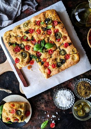 A picture of Tomato and basil focaccia bread.
