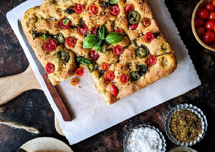 Tomato and basil focaccia bread