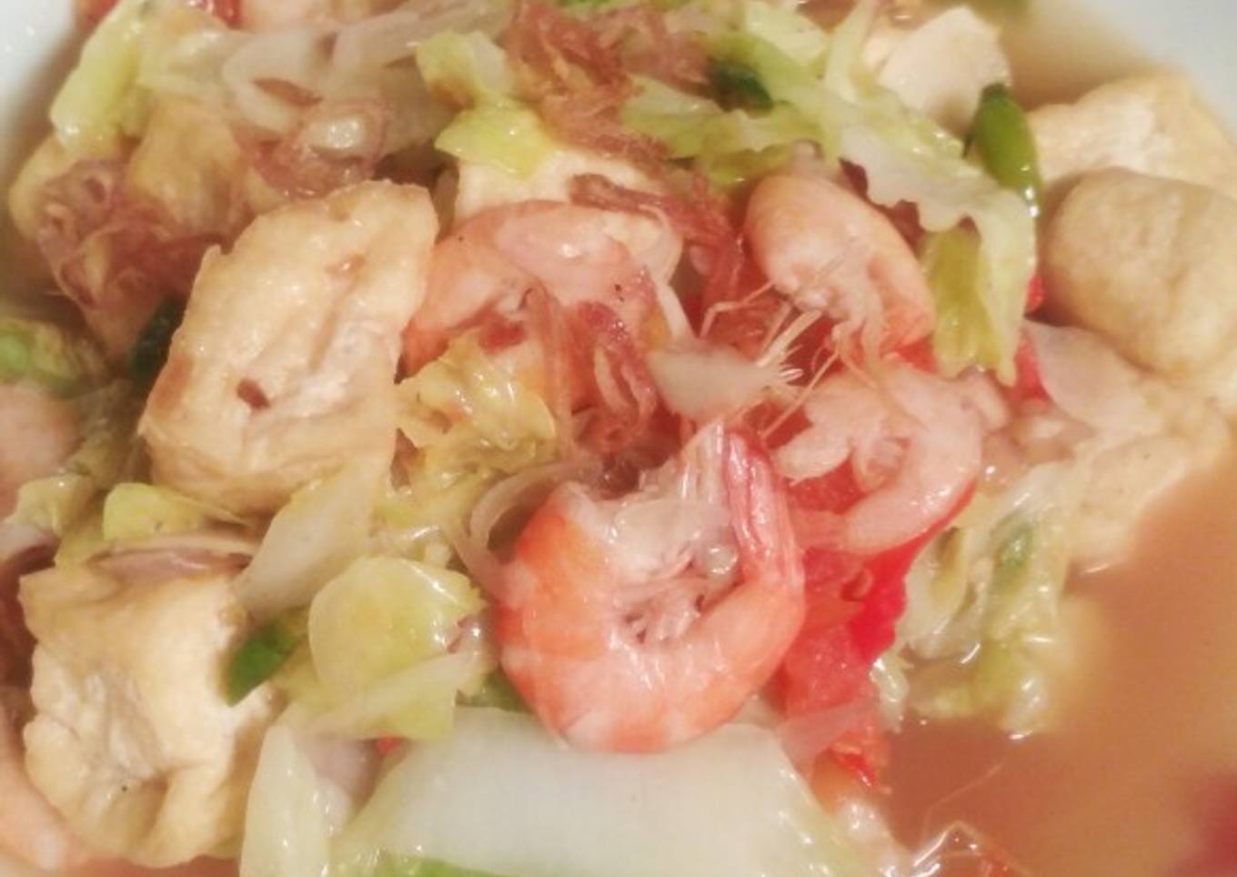 Tumis sawi putih tahu udang