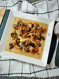 Crema de calçots asados en airfryer con champiñón y salsa "estilo romesco"
