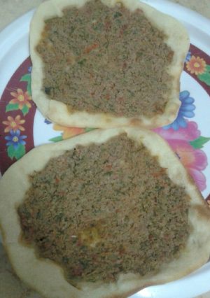 A picture of Lahma Baajin (Middle Eastern Meat Flatbread).