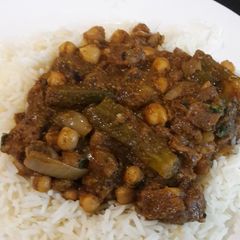 A picture of Spiced Bhindi(Okura) and chickpea Curry(V,GF).