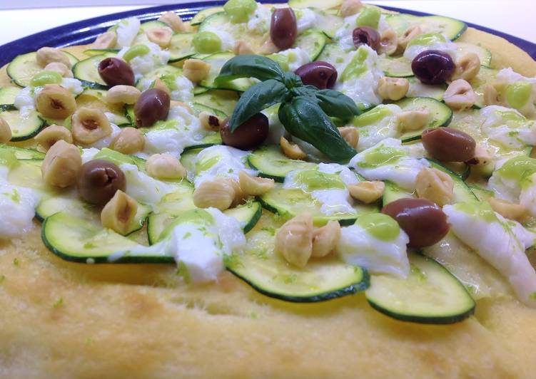 Easiest Way to Prepare Speedy Focaccia con julienne di zucchine, mozzarella di bufala, nocciole tostate e bottarga