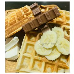 A picture of Banana Waffles with chocolate & Cream Cheese.