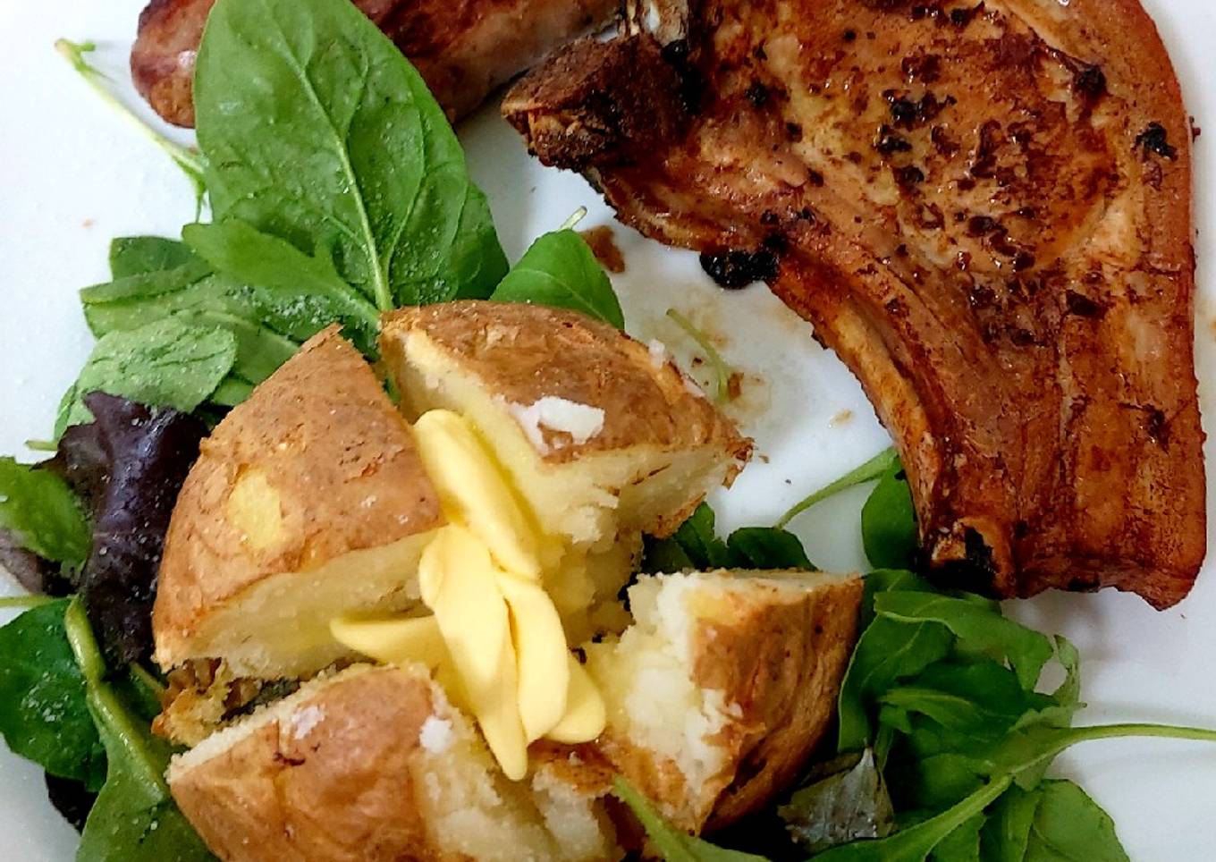 Roast Red Peppered Pork Chop, Sausage & Jacket Potato 🤩