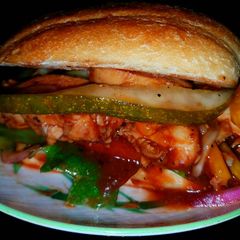 A picture of Mike's EZ Hot BBQ Chicken Hoagies & EZ Baked Beans.