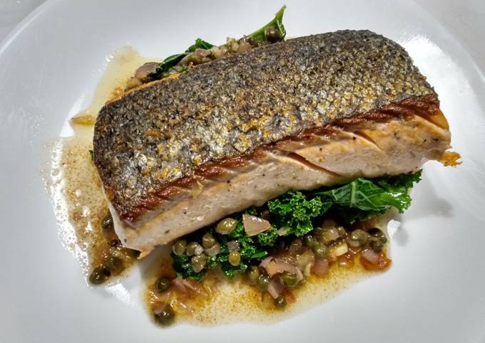 Crispy-skinned salmon with brown butter and capers