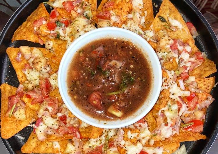 Steps to Make Perfect Easy Cheesy nachos with salsa dip