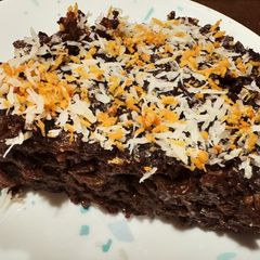 A picture of Choco Biko with white coconut shreds and toasted coconut.