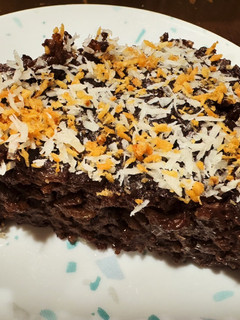 A picture of Choco Biko with white coconut shreds and toasted coconut.