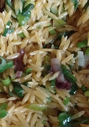 Una foto de Orzo vegano con verdeo