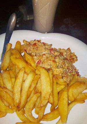 A picture of Irish potatoes with scrambled egg.