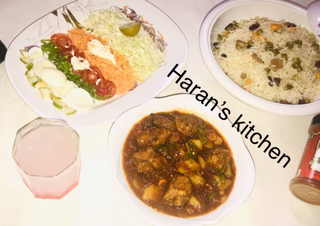 Buttered veggies rice with Italian meat ball and potato soup