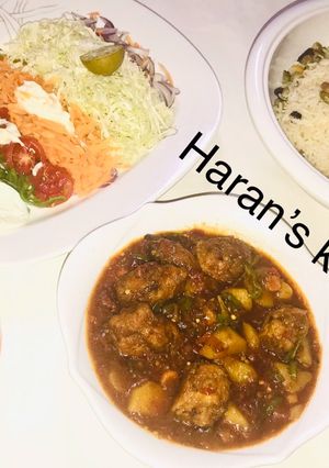 A picture of Buttered veggies rice with Italian meat ball and potato soup.