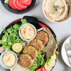 A picture of Falafel patties with home-made hummus.