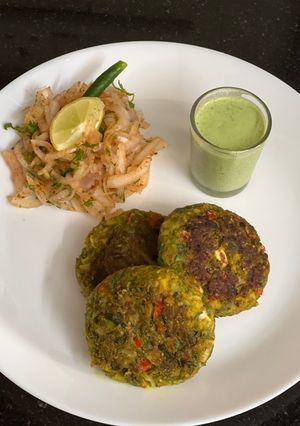 A picture of Fresh Green Chholia { CHANA }Kabab With Mint Dip & Spicy Onion 🧅 Salad … Winter Special.