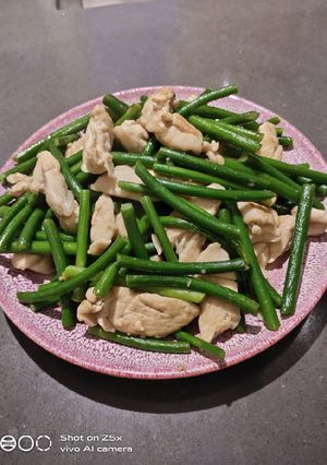 A picture of Chicken breast with Onion stalk.