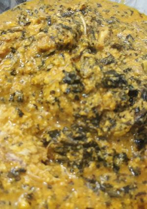 A picture of Egusi and dry bitterleaf soup.