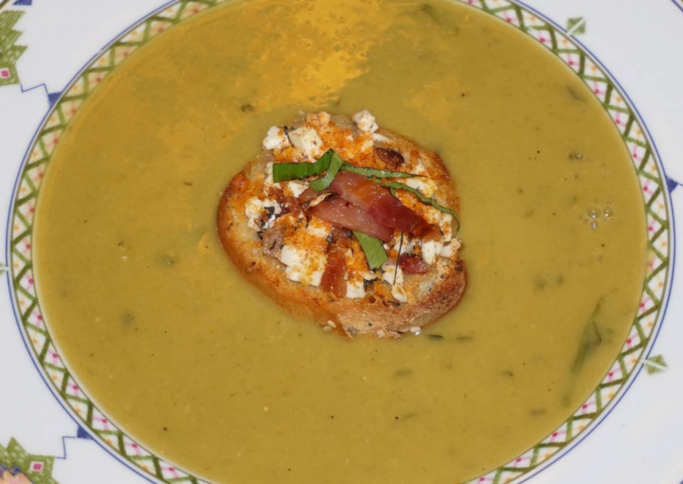 Recipe of Speedy JON’S GREEN SPLIT PEAS SOUP WITH FETA CHEESE AND BACON
BRUSCHETA