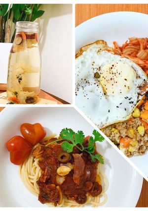 Hình của món Eat clean: Mỳ ý sốt cà chua (300cal) + Cơm diêm mạch quinoa trộn (309cal).
