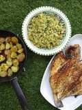 Dourada grelhada com migas de brócolos e batatas salteadas