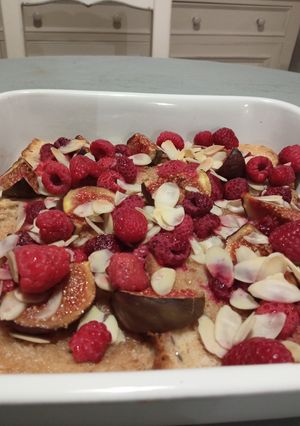 A picture of French Toast with Figs, Raspberries, and Almonds.