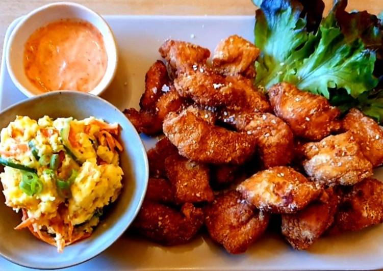 Bagaimana mengolah Ayam Karaage saus mayonnaise pedas dan Japanese Potato Salad Anti Gagal