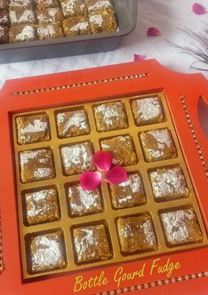 A picture of Rose Petal jam (Gulkand) flavored Bottle Gourd Fudge / Lauki Ki Barfi.
