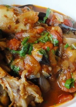 A picture of Chicken, Aubergine and Tomato Tagine.