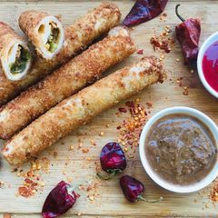A picture of Crispy beef spring rolls.