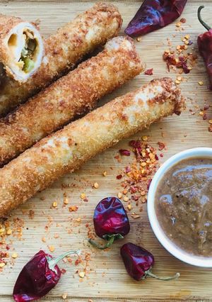 A picture of Crispy beef spring rolls.