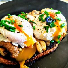 A picture of Poached eggs & Garlic mushrooms on sourdough.