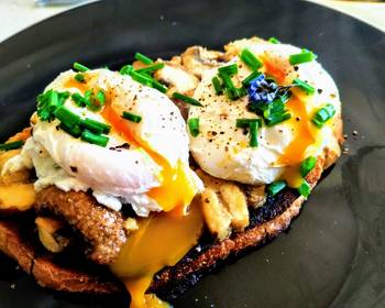 Fresh, Serving Recipe Poached eggs  Garlic mushrooms on sourdough Restaurant Style