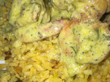 Camarones al ajillo con salsa de coco y arroz con verduras