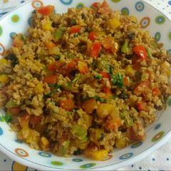 A picture of Veg bhurjee with soya granules and mushrooms.