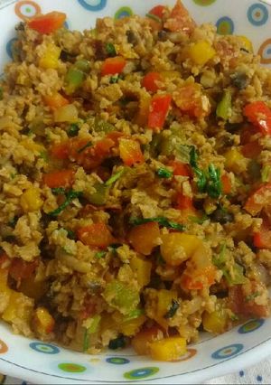 A picture of Veg bhurjee with soya granules and mushrooms.
