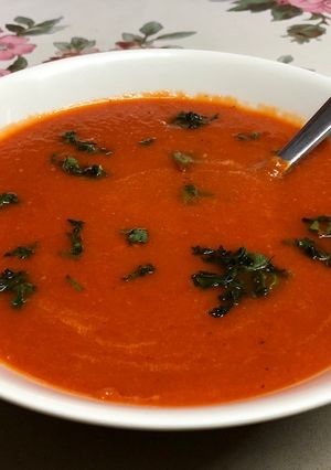 A picture of Roasted Capsicum And Tomato Soup.