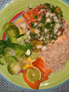 A picture of Grilled salmon with peach citrus salsa.