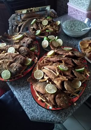 صورة لوصفة سمك الدنيس والمعكرونه المقلي 😋👌🐟