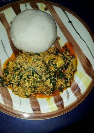 A picture of Pounded yam and egusi soup.