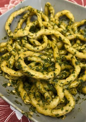 A picture of Long Busiate Trapanesi with Homemade Genovese Pesto.