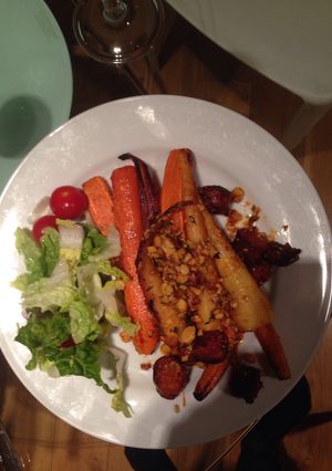 A picture of Roasted carrots, parsnips and chorizo.