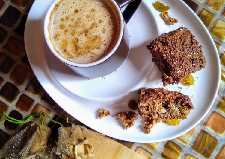 Oat meal cake with frothy coffee..