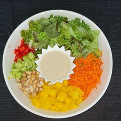 A picture of Rainbow salad with thai dressing.