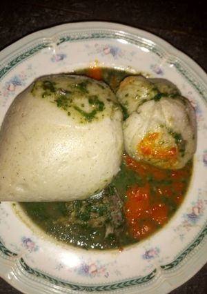 A picture of Ewedu soup with wheat swallow.